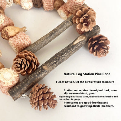 Natural wooden parrot swing with an arched top made of corn cobs, seed pods, and woven balls, featuring a log perch and two hanging pine cones. - Image 11