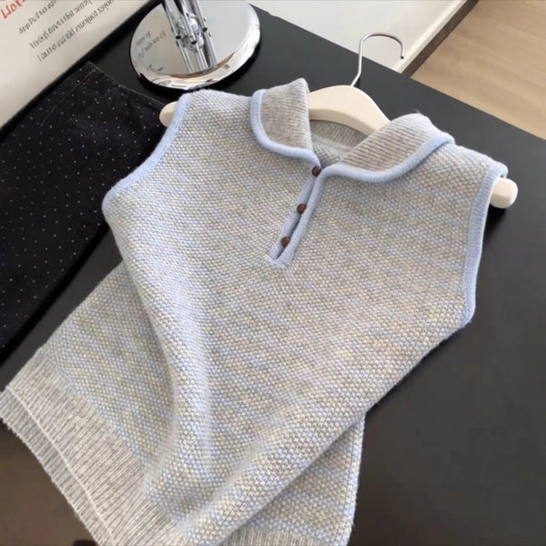 Chaleco Tejido a Rayas Azul y Blanco - Estilo Coreano Casual para Otoño