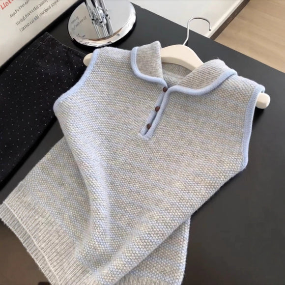 Chaleco Tejido a Rayas Azul y Blanco - Estilo Coreano Casual para Otoño