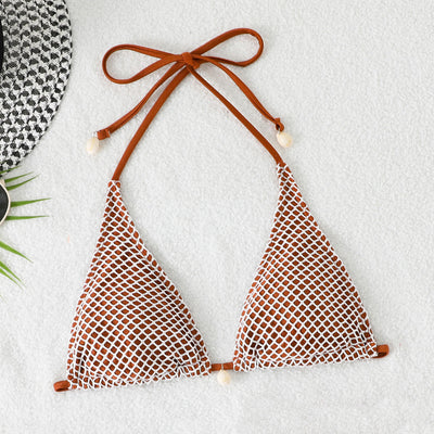 Blue and white mesh triangle bikini set with tie-side bottom and shell accents, displayed on a white beach towel. - Image 30