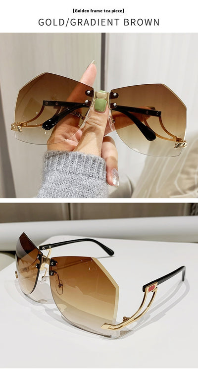 Rimless sunglasses with gradient pink lenses and gold-tone hollow temples, featuring a unique quadrilateral shape. - Image 8