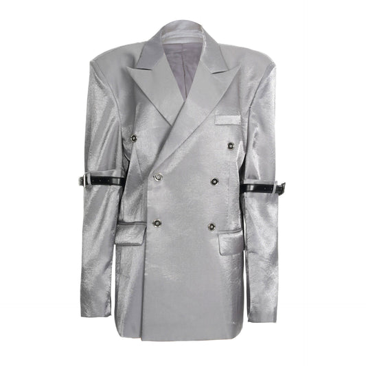 Chaqueta con Cinturón de Mangas Sueltas Plateadas - Estilo Personalizado