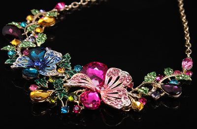 Colorful flower crystal diamond short clavicle necklace and matching earrings set, featuring gold-tone metal and vibrant rhinestones. - Image 9