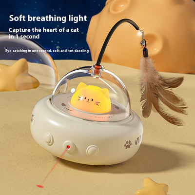 Pink electric UFO cat teaser toy with a clear dome, a cute pink cat head, and a feather wand with a bell. - Image 4