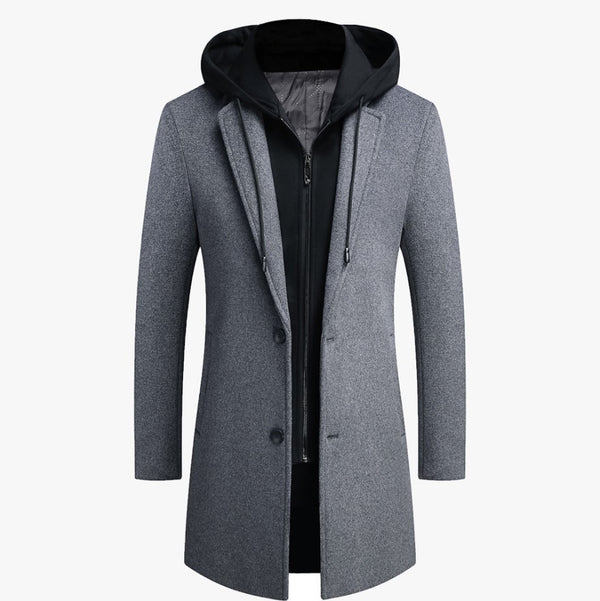 Abrigo de Lana Casual para Hombre con Gorro Desmontable