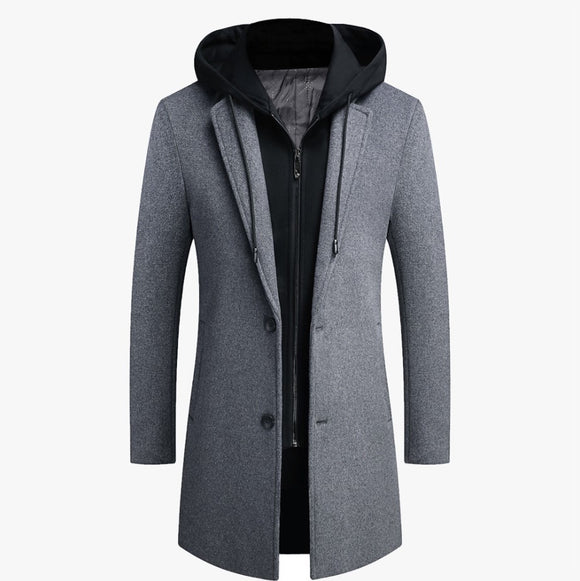 Abrigo de Lana Casual para Hombre con Gorro Desmontable