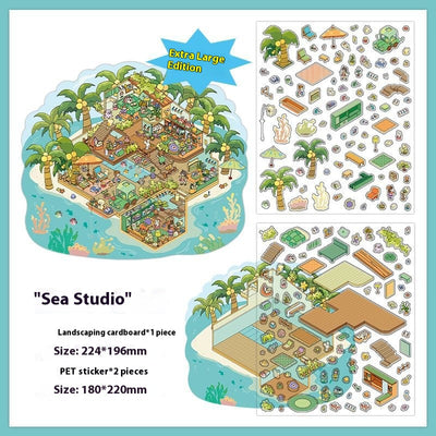 "Sea Studio" extra large landscaping stickers with a three-dimensional cottage island design and various decorative elements. - Image 4