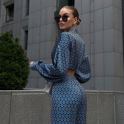 Conjunto de Moda Elegante: Camisa Estampada Manga Larga con Pantalón Ancho - Image 9