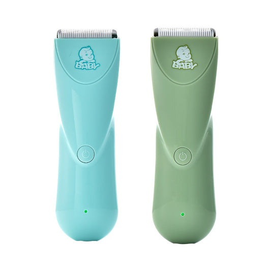 Green baby hair clipper set with three white guide combs, USB charging cable, cleaning brush, and oil bottle.