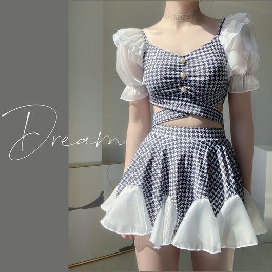Women's conservative two-piece swimsuit with beige and white houndstooth pattern, sheer puff sleeves, and a flared skirt. - Image 7