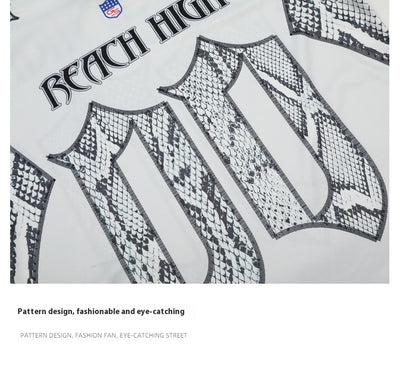 White mesh jersey t-shirt with a V-neck and short drop-shoulder sleeves, featuring a black and white snake scale design. - Image 15