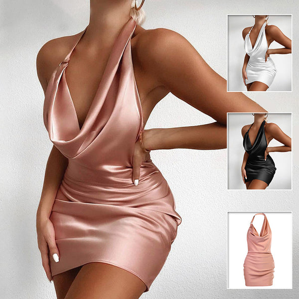Vestido de Fiesta Satinado Escote V Espalda Descubierta Mini Sin Mangas