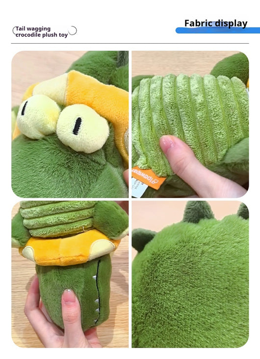 Small dog with hair clips cuddling a green and orange plush alligator toy on a patterned blanket. - Image 9