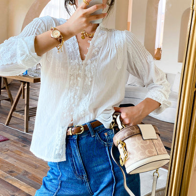 Blusa Francesa de Manga Larga con Panel de Encaje para Mujer