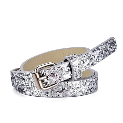 Rainbow glitter belt for ladies or kids, featuring a silver rectangular pin buckle and imitation leather. - Image 15