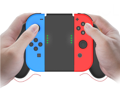 Black charging grip for Nintendo Switch Joy-Cons, shown in packaging and as a standalone unit, with blue and red controllers. - Image 12