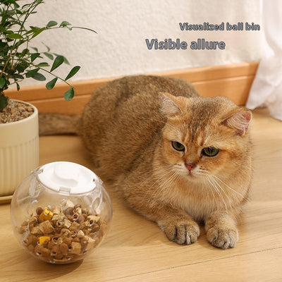 Clear plastic pet tumbler food leakage toy with blue accents and a cat face design, on a wooden floor. - Image 4