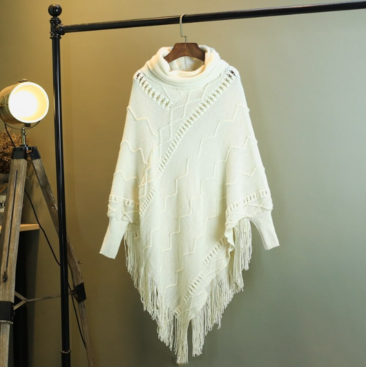 Poncho Tejido Cuello Alto con Flecos - Abrigo Cálido para Otoño e Invierno - Image 10