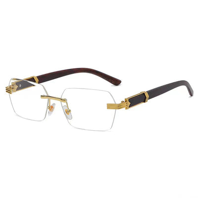Frameless sunglasses with pink gradient lenses and dark brown wood-look temples with gold-tone accents. - Image 8