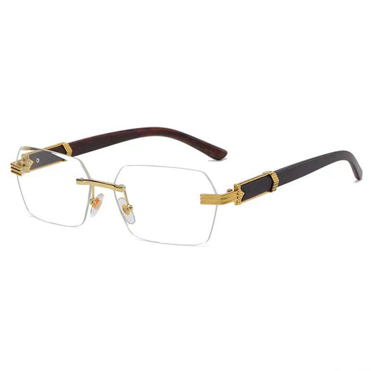 Frameless sunglasses with pink gradient lenses and dark brown wood-look temples with gold-tone accents. - Image 8