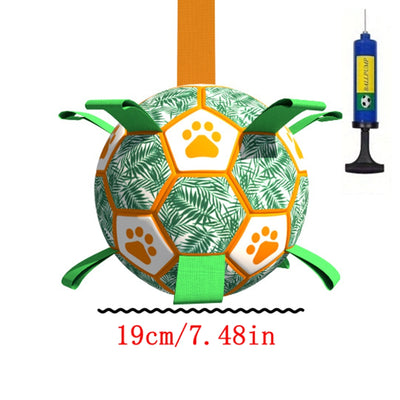 Interactive pet football toy with green palm leaves, orange paw prints, grab tabs, and a ball pump. - Image 7