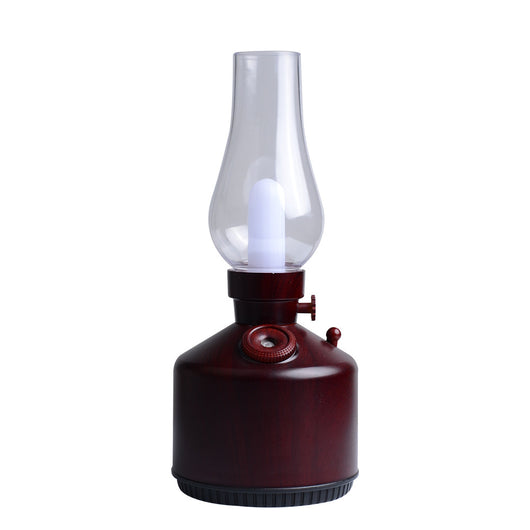 Wood grain kerosene lamp air humidifier with a clear glass-like top and a white light element, featuring a gold control knob. - Image 7