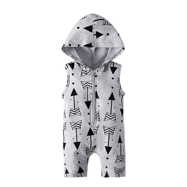 Enterizo Infantil Verano con Capucha, Estampado de Flechas Gris y Blanco