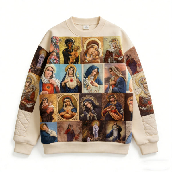 Sudadera Suelta Cuello Redondo con Estampa de Virgen María