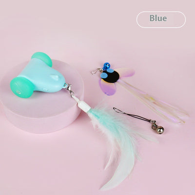 Blue smart cat toy with teal wheels and an attached light blue feather wand, plus a butterfly attachment with bell. - Image 6