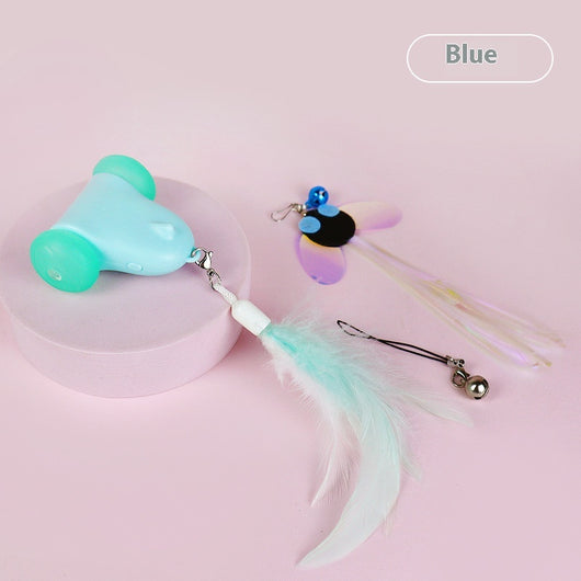 Blue smart cat toy with teal wheels and an attached light blue feather wand, plus a butterfly attachment with bell. - Image 6
