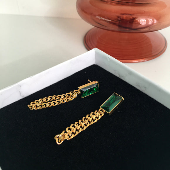 Aretes Largos de Cristal Verde Esmeralda con Borla Vintage Trendy