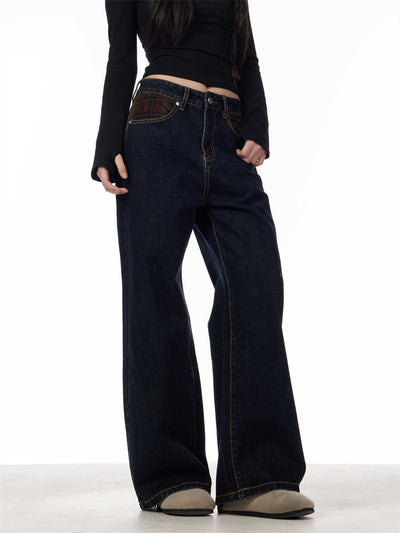Jeans Retro Patchwork Cuadros Azules para Mujer Corte Recto y Holgado - Image 15