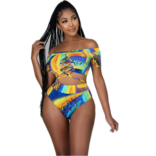 Bikini Bandeau Cintura Alta con Estampado Cruzado - Image 9