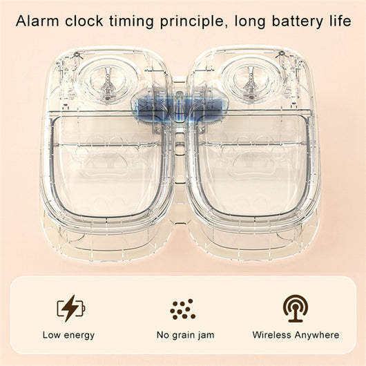 White automatic pet feeder with a pink timer dial and an embossed paw print on the lid. - Image 18