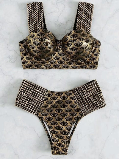Women's high-waisted two-piece bronzing swimwear with black and gold art deco fan pattern and textured straps. - Image 19