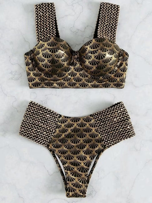 Women's high-waisted two-piece bronzing swimwear with black and gold art deco fan pattern and textured straps. - Image 19