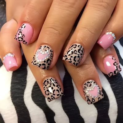 Set de 24 Uñas Postizas con Diseños de Mariposas, Flores y Estampado Vaca con Cristales - Image 38