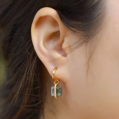 Aretes de Plata S925 con Ágata Musgo Natural - Diseño Cuadrado Minimalista