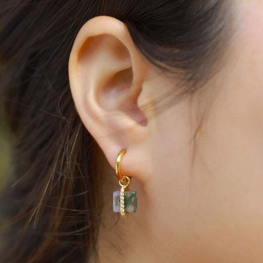Aretes de Plata S925 con Ágata Musgo Natural - Diseño Cuadrado Minimalista