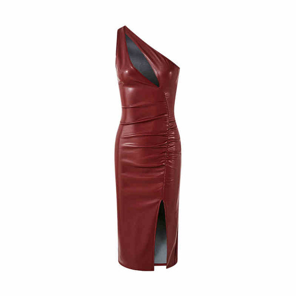 Vestido Falda de Cuero con Pliegues Asimétricos y Abertura Lateral - Image 6