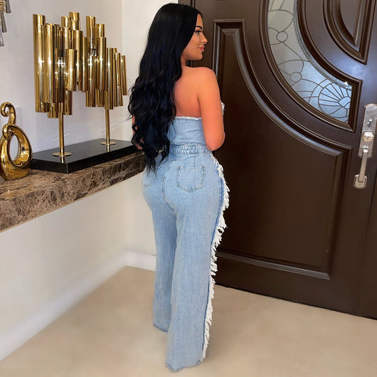 Mono Denim Ajustado con Detalles de Pedrería y Ojales Decorativos - Image 11