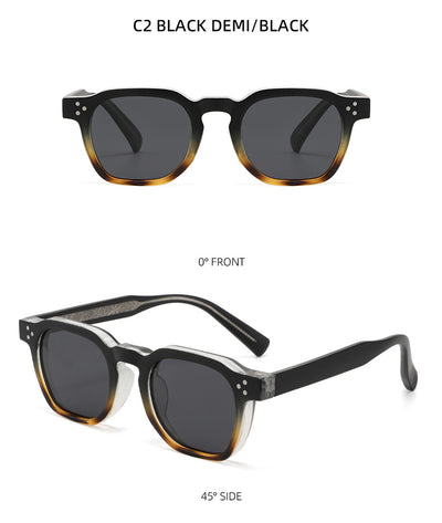 Black square frame sunglasses with dark lenses and small silver accents on the front, shown at an angle. - Image 12