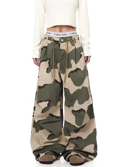 Pantalones Overol Camuflaje Plisados con Cordón - Corte Recto Ancho y Suelto - Image 11
