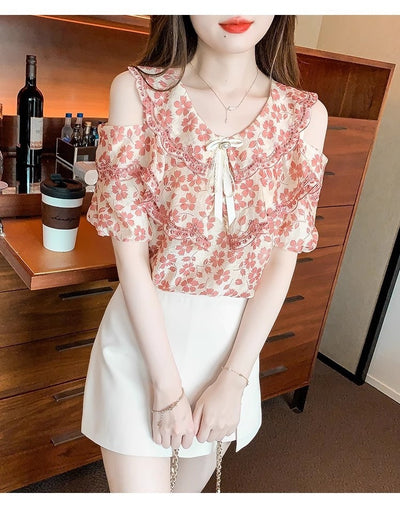 Blusa Chiffon Floral Hombro Descubierto - Camisa Romántica de Manga Corta - Image 17