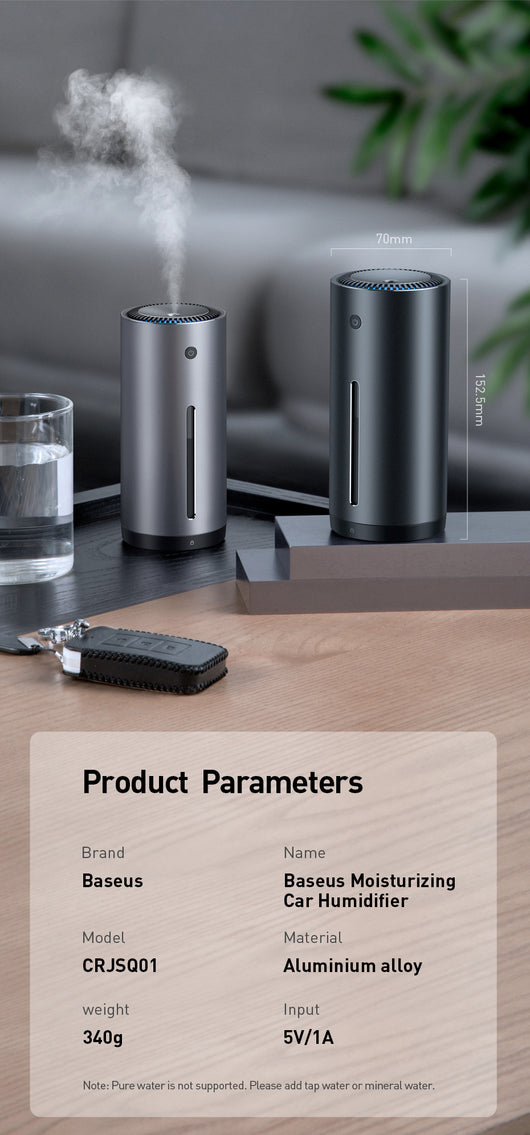 Dark gray cylindrical vehicle-mounted humidifier with a power button, mist outlet, and water level indicator. - Image 17