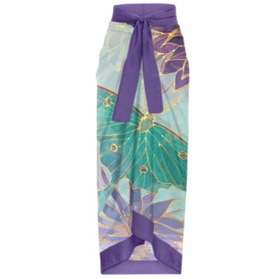 One-piece swimsuit with purple tie-shoulder straps, square neckline, and a teal butterfly and floral print. - Image 18