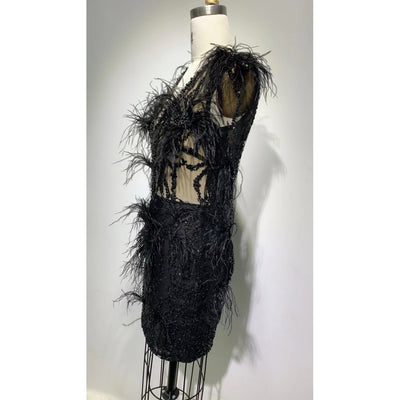Vestido Casual de Malla con Lentejuelas y Plumas de Manga Larga - Image 4