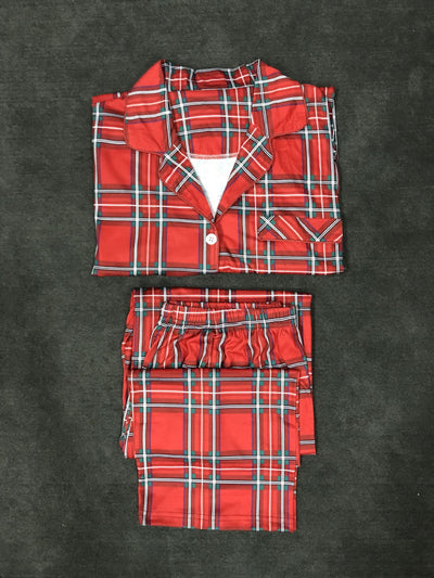 Men's red and green plaid pajama set with a long-sleeved button-up shirt and matching long pants. - Image 8