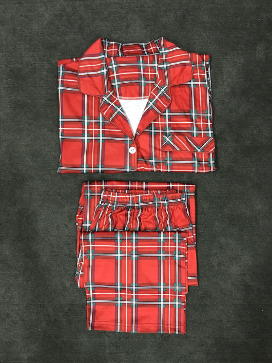 Men's red and green plaid pajama set with a long-sleeved button-up shirt and matching long pants. - Image 8