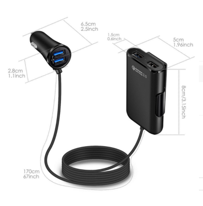 Cargador de Auto con 4 Puertos USB QC3.0 para Asiento Trasero con Cable y Soporte - Image 4
